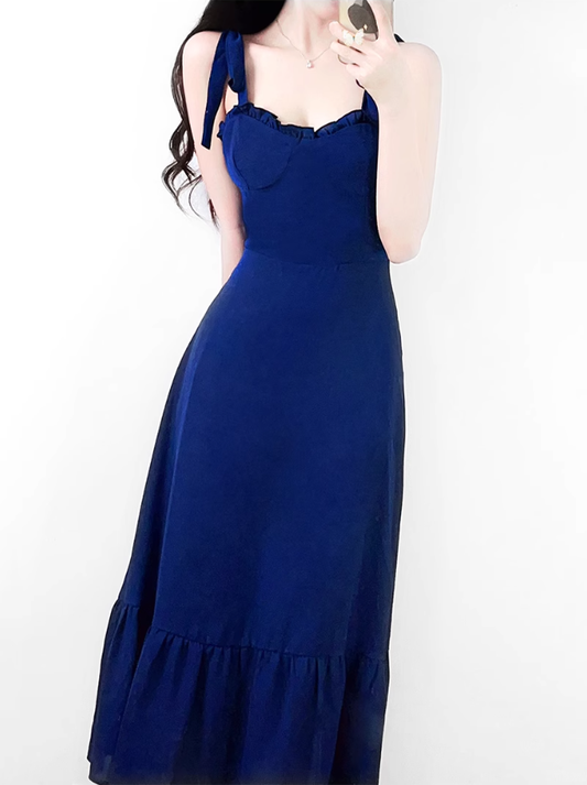 2025 Summer New Blue Beach Temperament Seaside Vacation Long Suspender Dress R0960