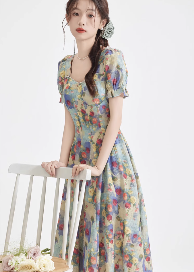 Tea break French retro oil painting dress new beach dress holiday super fairy dress R2389