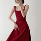 Retro red square neck suspender dress temperament waist banquet engagement A-line dress R1427