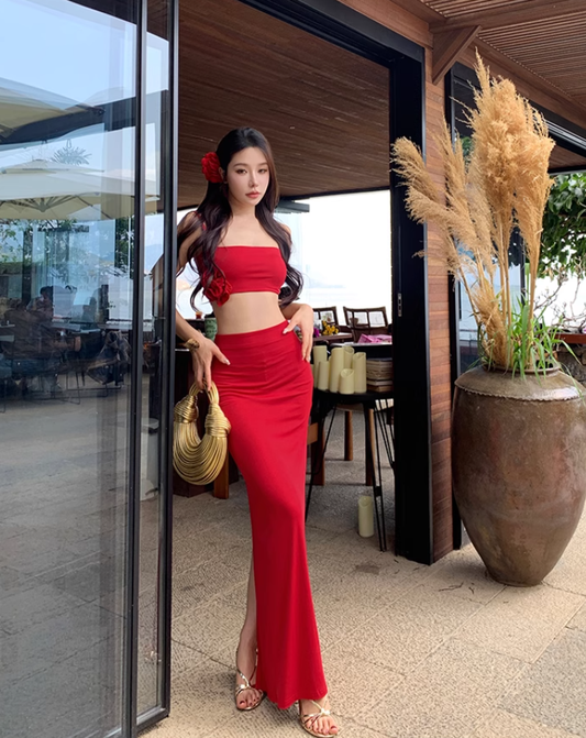 Beach Outfit Red Hip-hugging Skirt Two-piece Set Atmosphere Holiday Beach Skirt R1613