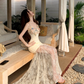 Fairy V-neck suspender dress heavy three-dimensional flower lace embroidery fishtail long skirt R1749