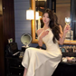 French style swing collar off-shoulder dress 2025 temperament satin fishtail high-end skirt R1479