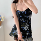 Retro black bottom floral suspender dress slim fit ruffled holiday dress R2805
