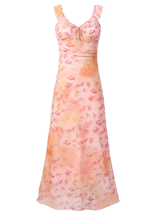 2025 summer new pink floral gentle style small flying sleeve waist lace dress R0954