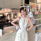 Solid color halter neck sleeveless waist dress summer French temperament retro skirt R4703