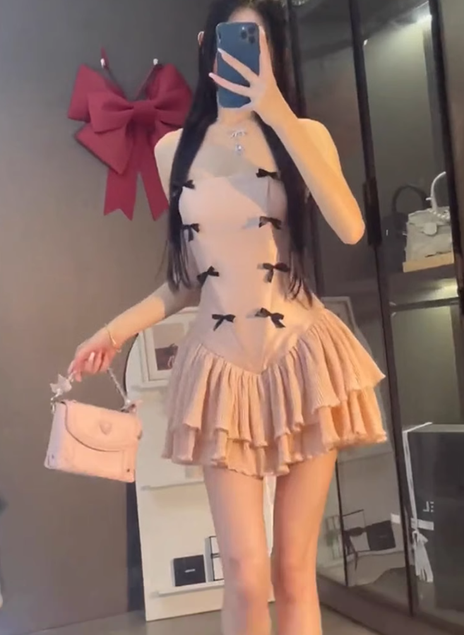 Pure desire style bow suspender dress 2025 large size thousand gold waist skirt R1103