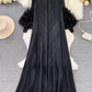High-class lady temperament pleated lantern long sleeve loose A-line solid color elegant dress R0319