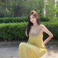 French style beautiful yellow temperament sling dress loose lazy holiday beach dress R1588