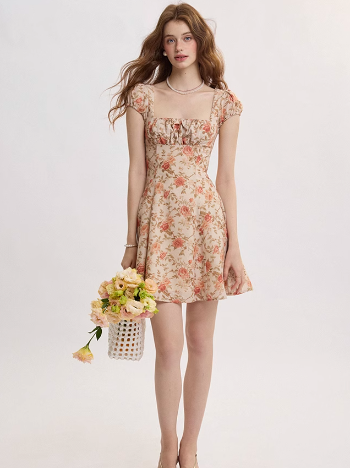 French retro style suspender skirt floral skirt dress high-end short skirt small skirt female summer R3486