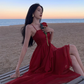 Fairy dress red beach dress vacation travel wear high waist irregular suspender skirt R1581
