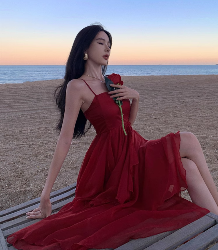 Fairy dress red beach dress vacation travel wear high waist irregular suspender skirt R1581