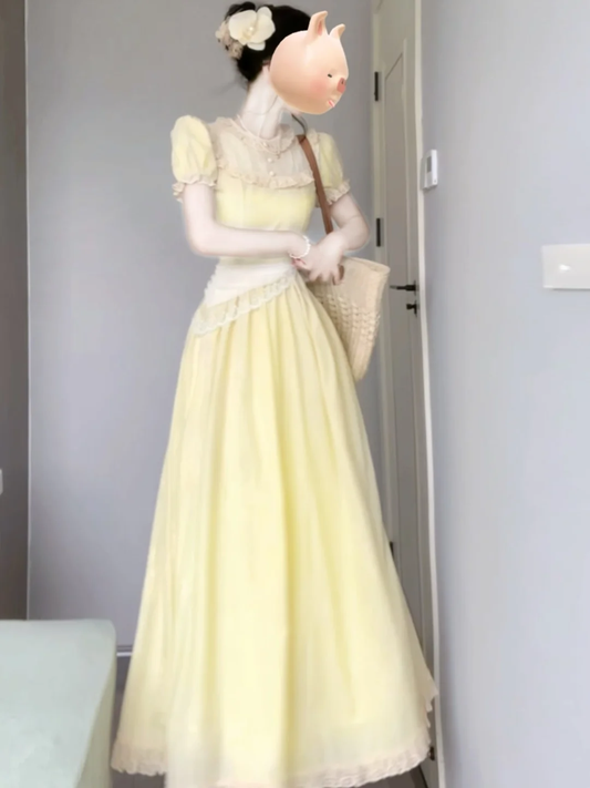 Holiday gentle style yellow jacquard puff sleeve dress unique beautiful waist temperament long skirt R0447