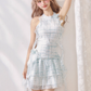 Mint Plaid Print Embroidered Ribbon Ruffle Halter Dress R5212