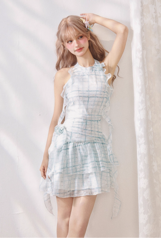 Mint Plaid Print Embroidered Ribbon Ruffle Halter Dress R5212