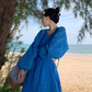 Seaside travel long skirt hollow waist slim embroidery backless long sleeves big swing dress R0186