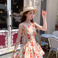 Printed waist suspender dress French retro skirt R4947