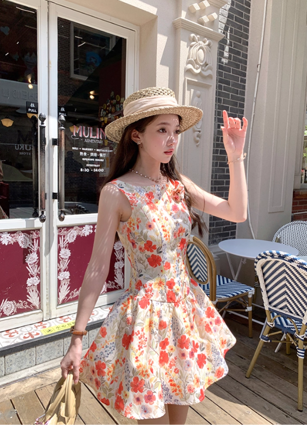 Printed waist suspender dress French retro skirt R4947