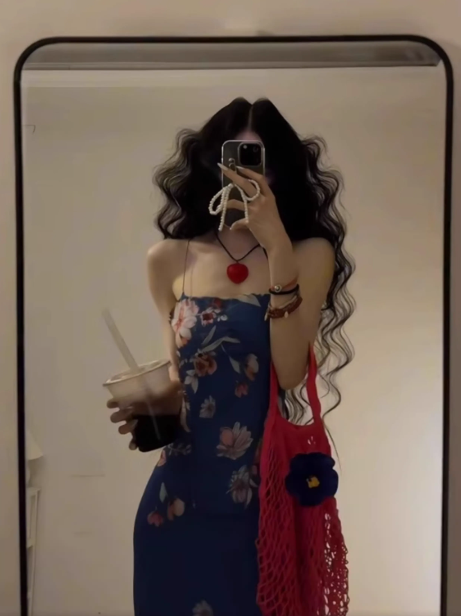 Retro blue floral dress sexy waist slim hip suspender skirt R0640