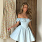 Light blue one shoulder waist A-line mini skirt homecoming dress R3575