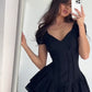 Black short sleeve V neck waist A-line mini skirt homecoming dress R3602