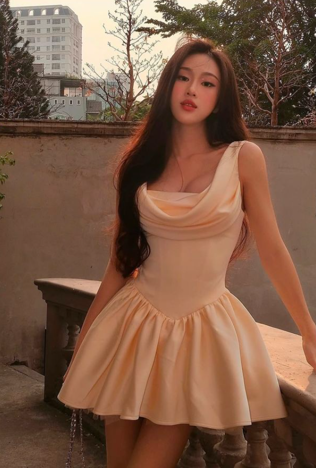 Champagne color suspender neckline slim waist A-line short skirt homecoming dress R3362