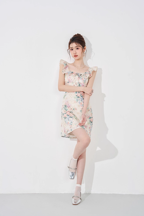 Niche design dress new summer French temperament waist slim sleeveless printed skirt R4297