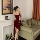 Velvet suspender dress sexy slit irregular inner skirt evening dress R1532
