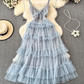 V-neck backless suspender dress waist a-line irregular mesh cake dress holiday long dress R0344
