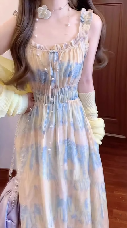 Gentle floral suspender dress holiday style beautiful waist A-line long skirt R0688