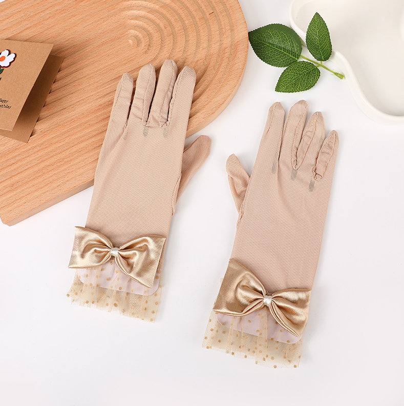 Mesh gloves, black lace polka dot lace bow short tube French Hepburn style dress     S6255