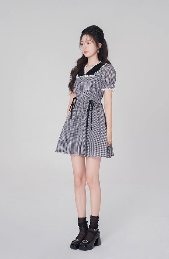 V-neck plaid dress summer tea break French skirt new style skirt niche design R4498