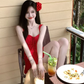 Beautiful red suspender dress sexy seaside holiday irregular short skirt R1477