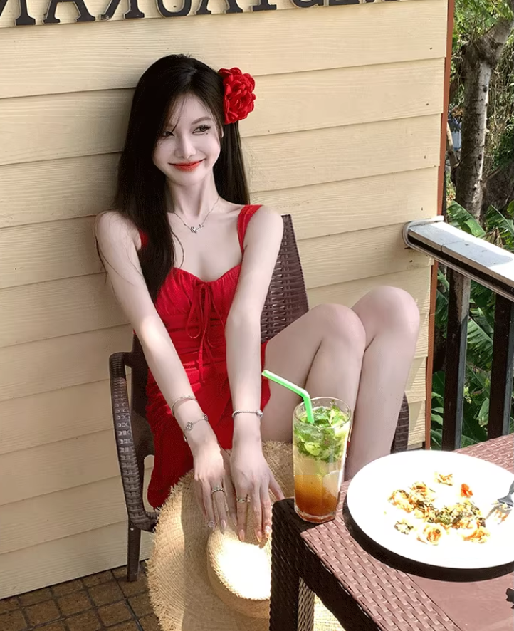 Beautiful red suspender dress sexy seaside holiday irregular short skirt R1477