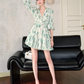 French green V-neck floral ruffles cool and slim commuter short dress summer R4074