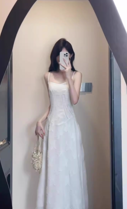 Gentle white moonlight jacquard sling dress beautiful temperament waist a-line long skirt 2025 new R0461