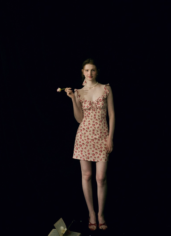 Floral dress pink short skirt French style high-end suspender skirt petite short skirt for women R3463