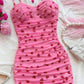 Pink suspenders waist slim pleated short skirt homecoming dress R3229