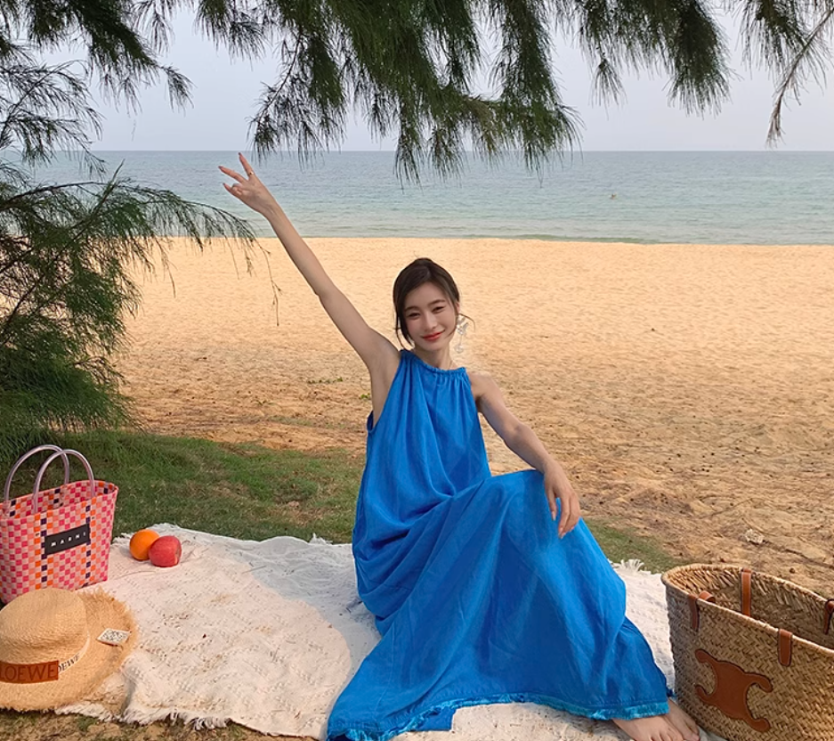 Klein blue sleeveless suspender dress loose lazy style seaside holiday atmosphere dress R1633