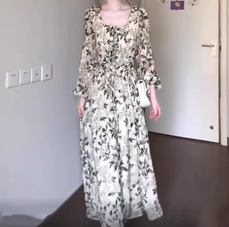 Green floral long-sleeved dress gentle temperament waist A-line long skirt R0707
