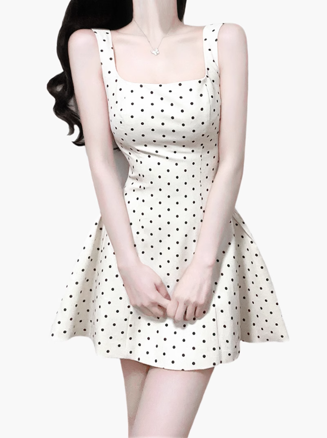 2025 Summer New Apricot Polka Dot Waist Square Neck A-line Short Suspender Dress R0907