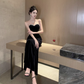 Sexy tube top dress with velvet beading, slim fit, waist-hugging black dress R1513