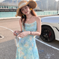 Long gradient print waist suspender dress summer French slim skirt R4946