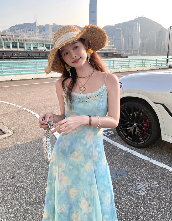 Long gradient print waist suspender dress summer French slim skirt R4946