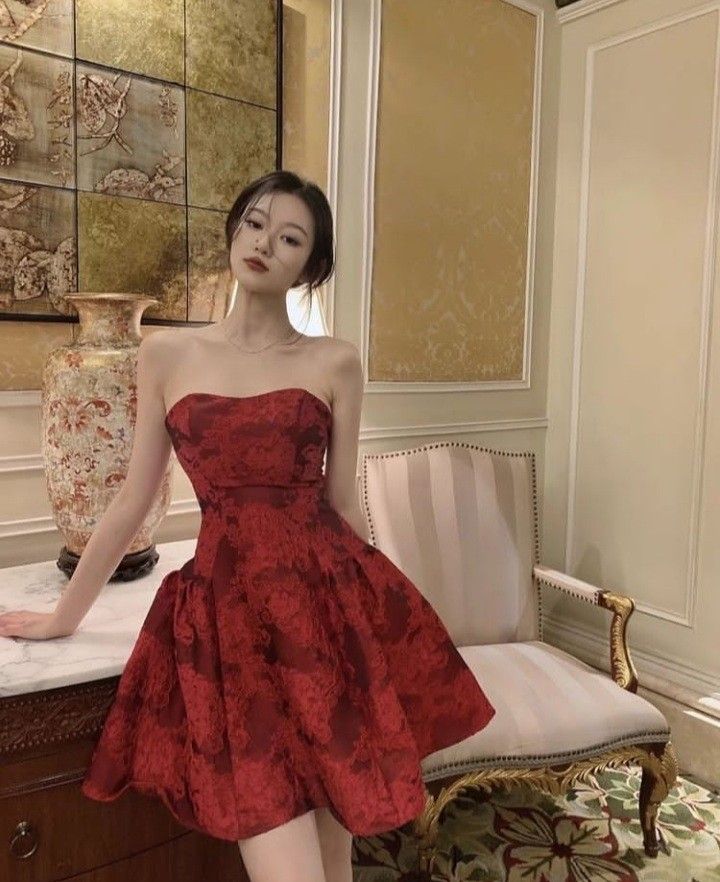 Retro red tube top waist puffy princess dress homecoming dress R2953