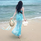Gentle mint green floral sling dress beautiful waist slim hip skirt R0506