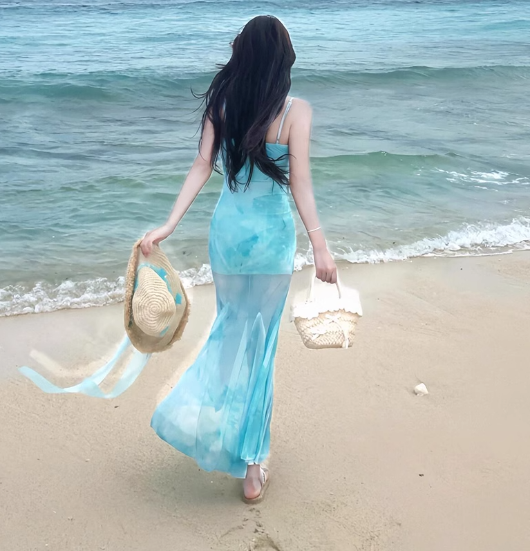 Gentle mint green floral sling dress beautiful waist slim hip skirt R0506