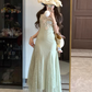 Mint green flower suspender dress gentle temperament waist hip skirt R0624