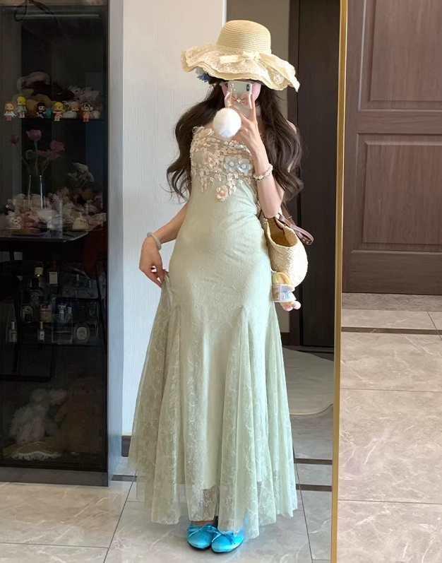 Mint green flower suspender dress gentle temperament waist hip skirt R0624