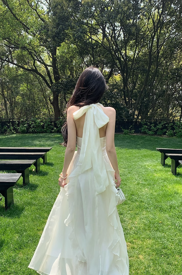 Gentle temperament ruffled V-neck halter dress beautiful waist A-line long skirt R0787
