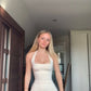 White halterneck pleated tight hip-hugging sexy mini skirt homecoming dress R2451